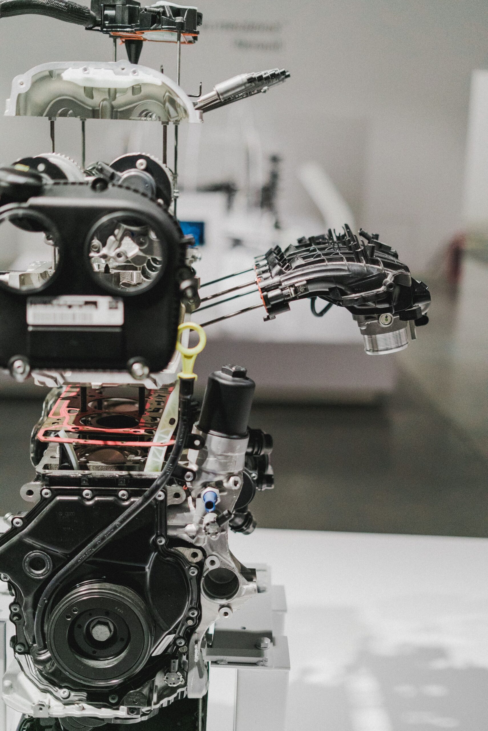 Detailed close-up of an industrial engine assembly in a modern setting, showcasing machinery complexity and precision.